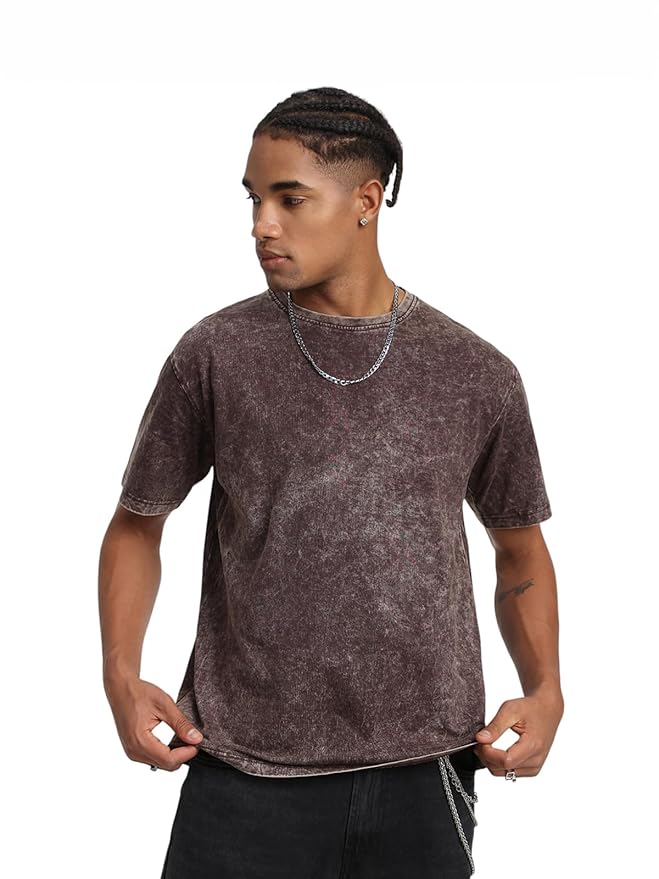 Veirdo® Heavy GSM Pure Cotton Acid Wash Print Round Neck Half Sleeve Oversized Fit Drop Shoulder T-Shirt