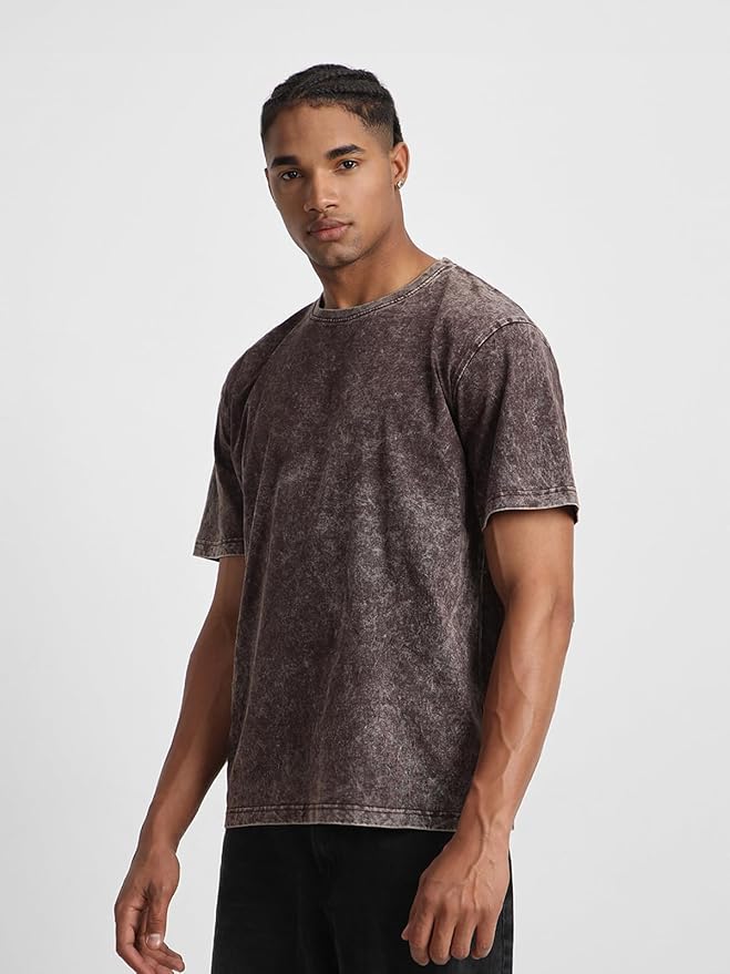 Veirdo® Heavy GSM Pure Cotton Acid Wash Print Round Neck Half Sleeve Oversized Fit Drop Shoulder T-Shirt thumb 1