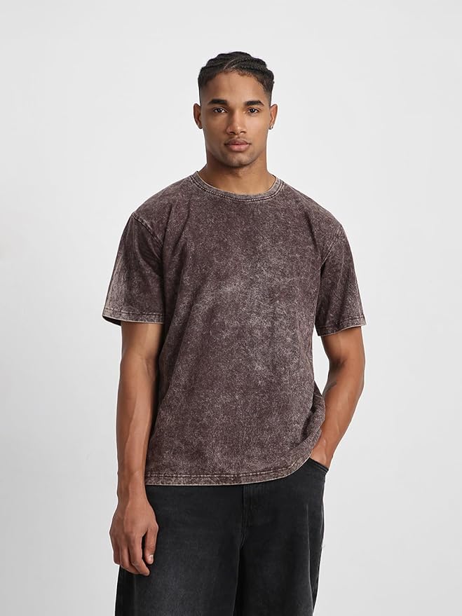 Veirdo® Heavy GSM Pure Cotton Acid Wash Print Round Neck Half Sleeve Oversized Fit Drop Shoulder T-Shirt thumb 2