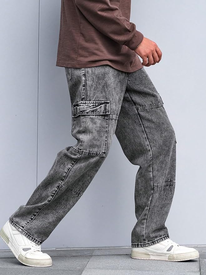 Urban Denim Cargo Pants with Baggy Fit Utility Pockets & Streetwear Stitch Design thumb 1