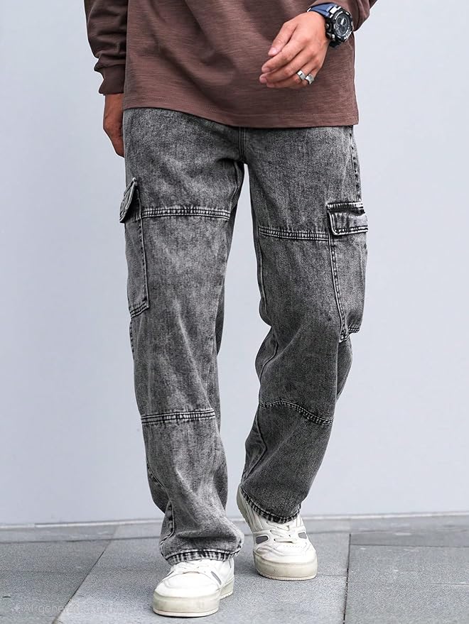 Urban Denim Cargo Pants with Baggy Fit Utility Pockets & Streetwear Stitch Design